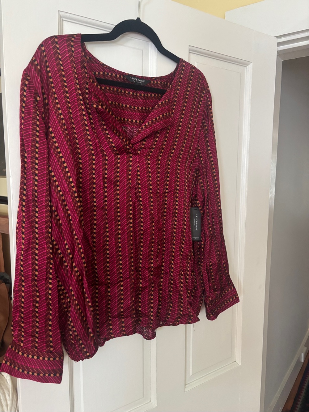 Liverpool Magenta and Gold Dot-Striped Long Sleeve Blouse